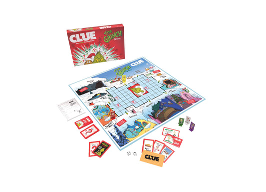 Dr. Seuss CLUE: The Grinch Edition board game with red box, game board featuring Grinch characters and locations, player tokens, cards, dice, and instruction sh
