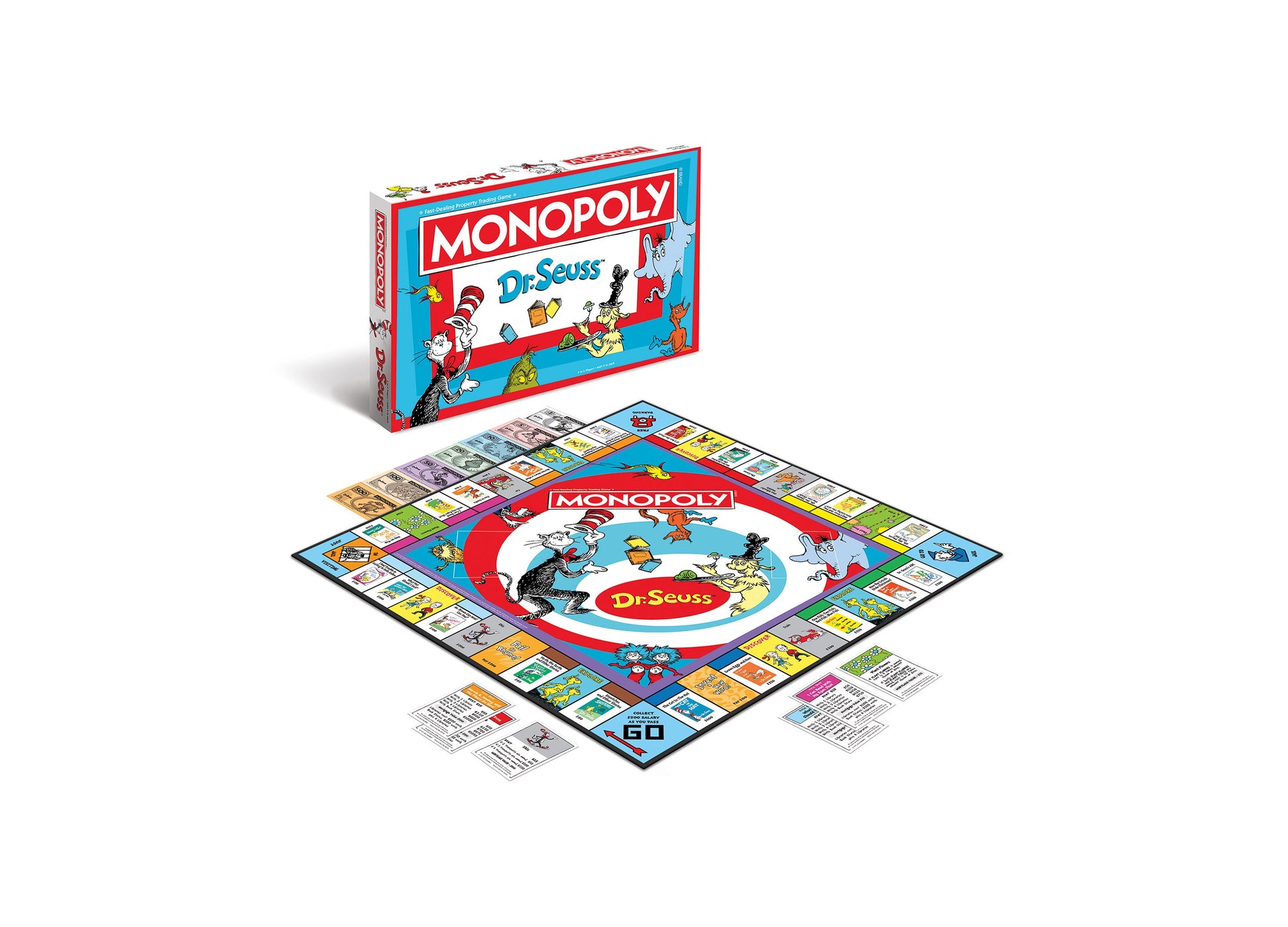 Monopoly Dr. Seuss Edition board game with colorful game board featuring Dr. Seuss characters, box, and game components including cards and instruction sheets