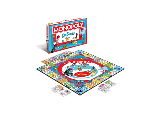 Monopoly Dr. Seuss Edition board game with colorful game board featuring Dr. Seuss characters, box, and game components including cards and instruction sheets