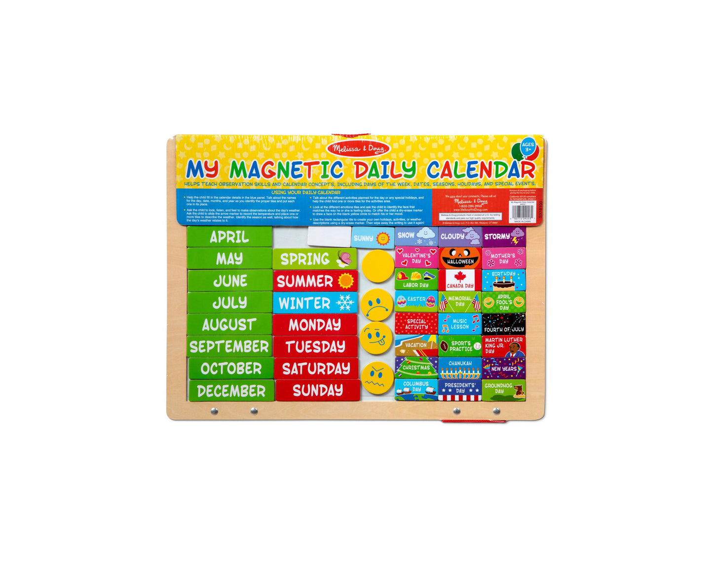 Melissa & Doug My Magnetic Daily Calendar with colorful month, day, season, and weather tiles on wooden board