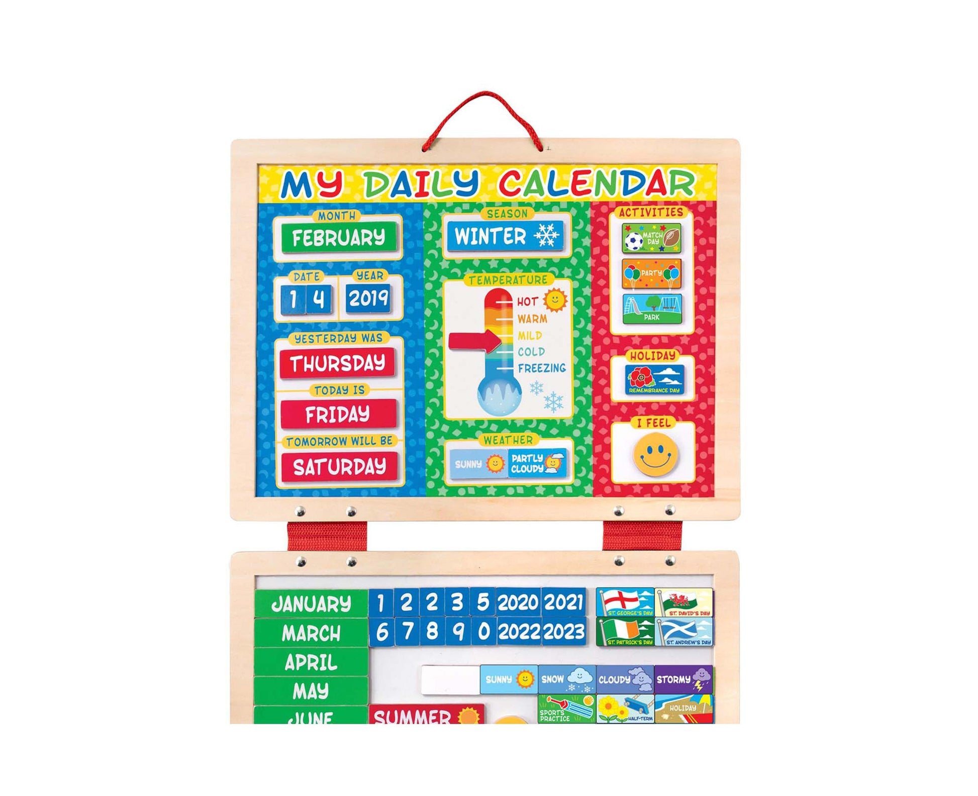 Melissa & Doug My First Daily Magnetic Calendar with colorful wooden frame showing February date, days, weather, and ...