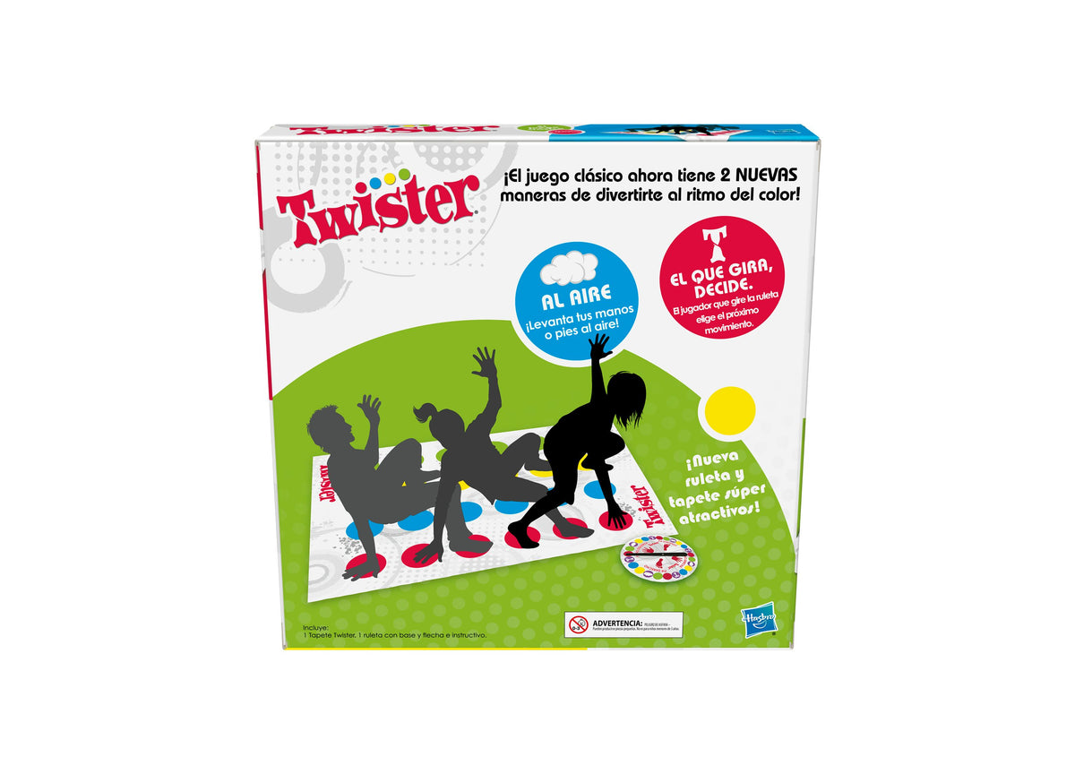 Twister Game Classic with colorful mat, spinner, and silhouettes of players in twisted poses on green and white packa...