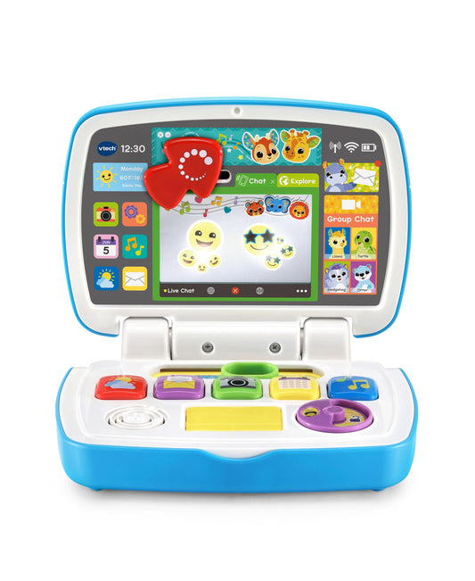 VTech Toddler Tech Laptop interactive toy with blue casing, colorful buttons, and screen displaying animated characte...