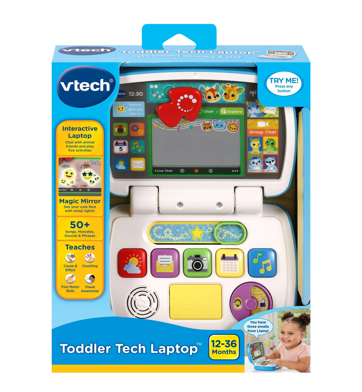 VTech Toddler Tech Laptop interactive toy with blue and white design, colorful buttons, and magic mirror display for ...