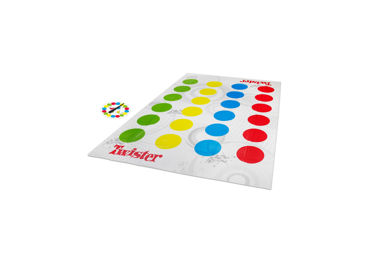 Twister Game Classic with colorful mat featuring green, yellow, blue, and red spots, spinner, and instructions