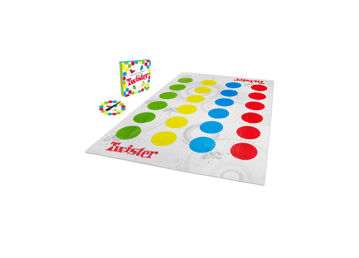 Twister Game Classic with colorful mat featuring green, yellow, blue, and red spots, spinner, and game box