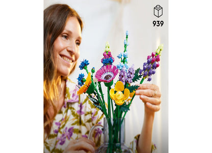 LEGO Icons Wildflower Bouquet 939-piece set with colorful buildable flowers in pink, purple, blue, and yellow arrange...
