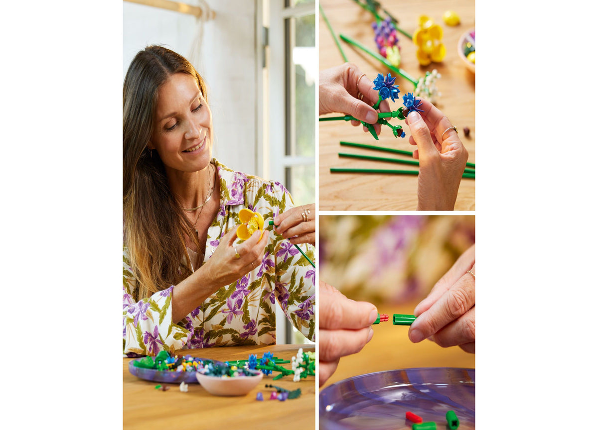 LEGO Icons 10313 Wildflower Bouquet set with colorful flower stems in blue, yellow, and purple