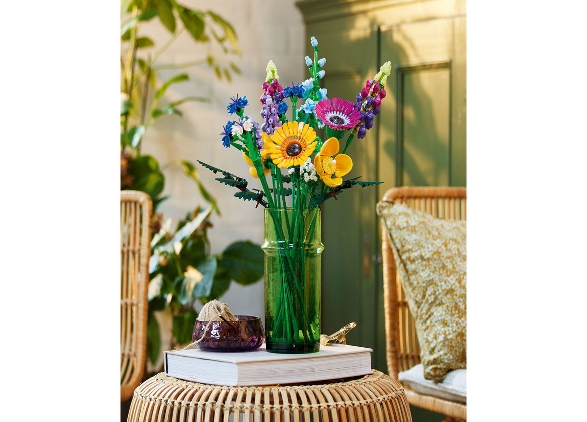 LEGO Icons 10313 Wildflower Bouquet building set with colorful flowers including gerberas, lavender, and daisies in g...