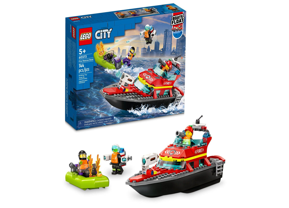 LEGO City Fire Rescue Boat 60373 set with red and black motorized rescue boat, lime green floating platform with minifigure, and four firefighter minifigures in