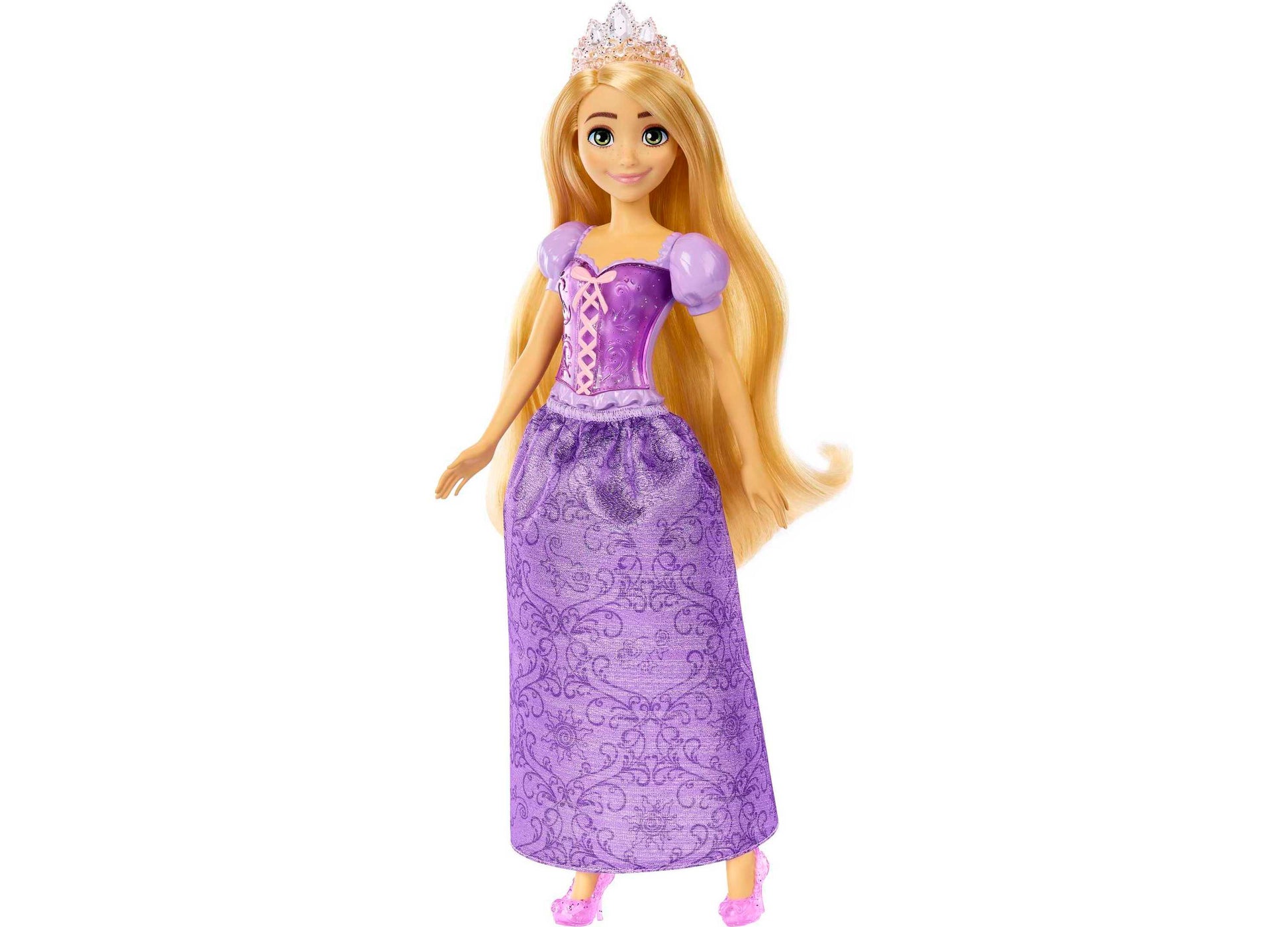 Rapunzel doll with long golden hair, purple ball gown, lace-up bodice, puff sleeves, crystal tiara, and pink shoes on plain background