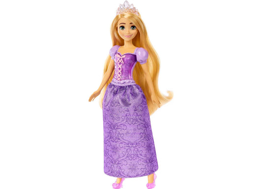 Rapunzel doll with long golden hair, purple ball gown, lace-up bodice, puff sleeves, crystal tiara, and pink shoes on plain background