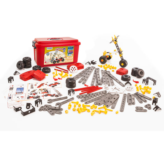 Miniland Educational Mecaniko building set with red storage container, metal strips, black wheels, yellow connectors, tools, and instruction cards displayed on
