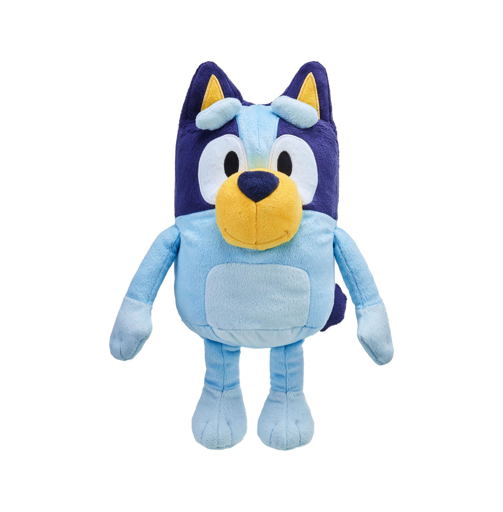 Bluey plush toy with light blue body, dark blue head, yellow ears and snout, wearing light blue outfit with darker accents