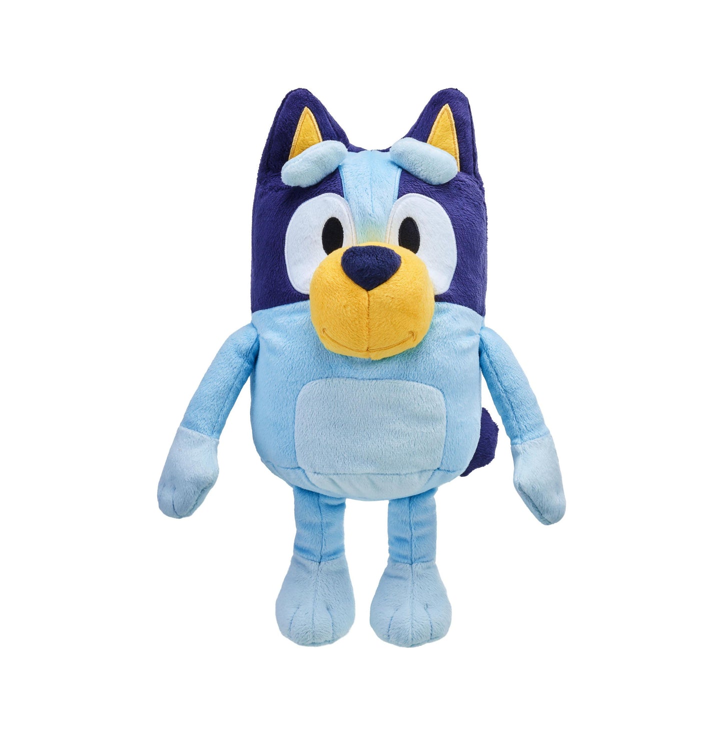 Bluey plush toy with light blue body, dark blue head, yellow ears and snout, wearing light blue outfit with darker accents