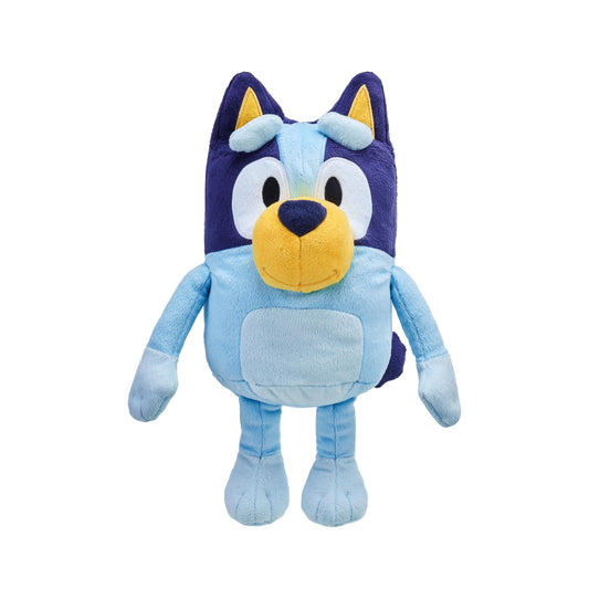 Bluey plush toy with light blue body, dark blue head, yellow ears and snout, wearing light blue outfit with darker accents