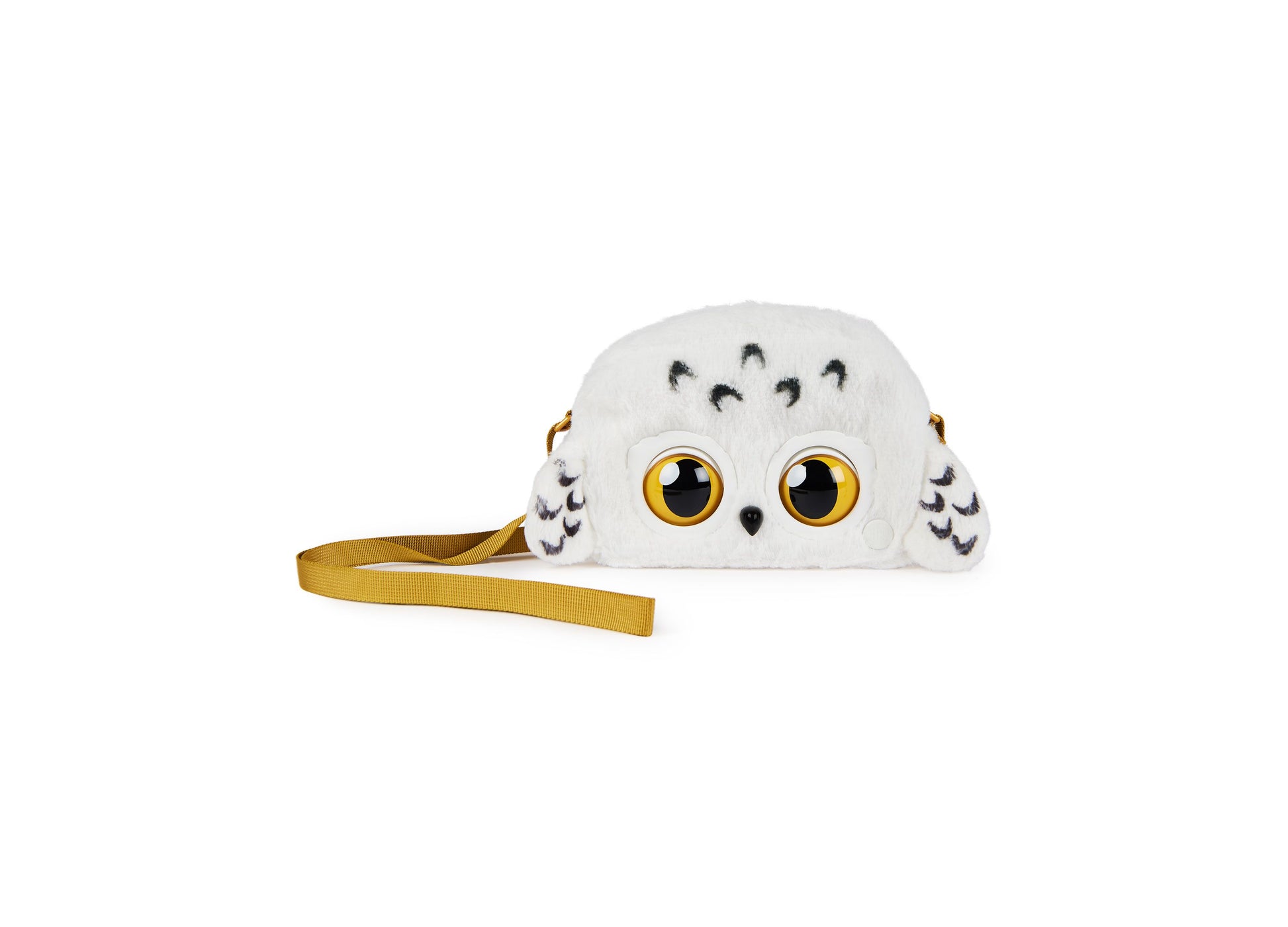 White plush owl purse pet with large golden yellow eyes, black feather markings, and gold shoulder strap