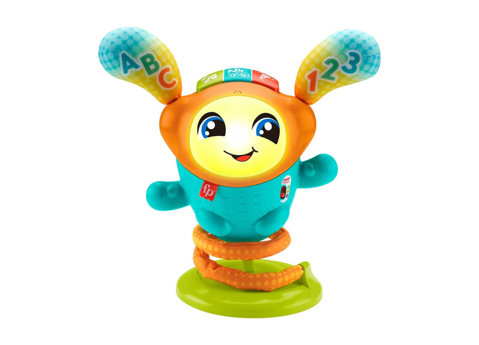 Fisher-Price DJ Bouncin' Beats toy with smiling face, turquoise body, orange ears showing letters and numbers, and green base