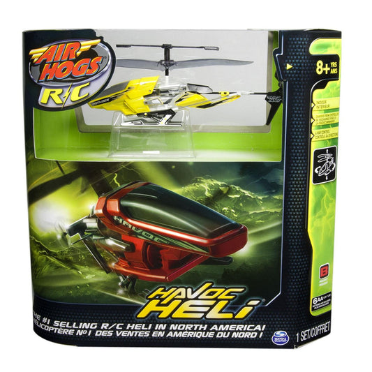 Air Hogs Radio Control Havoc Heli yellow and black remote control helicopter in package, with red Havoc Heli model shown on box front