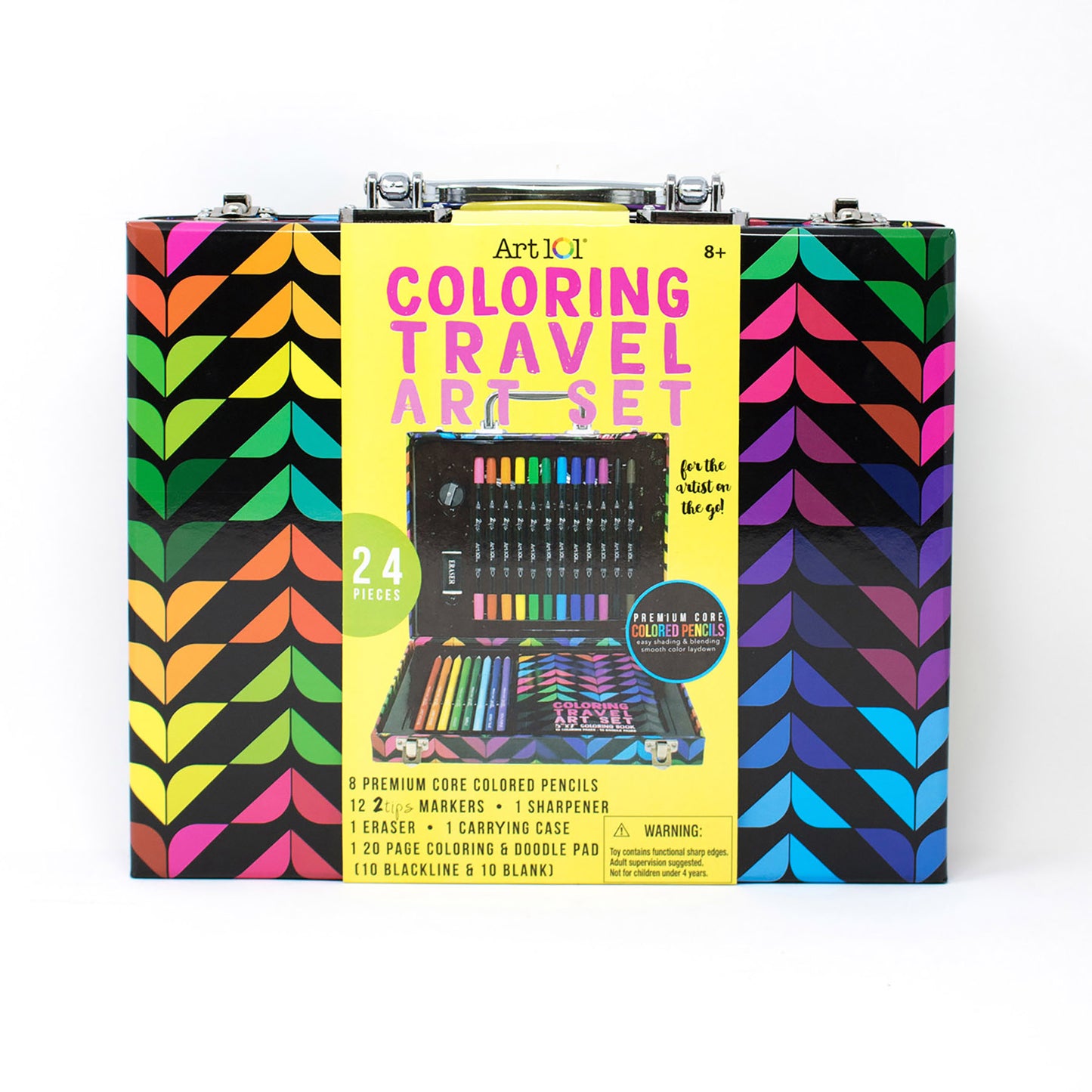 Art 101 Coloring Travel Art Set carrying case with colorful geometric pattern, containing 24 pieces including colored pencils, markers, sharpener, eraser, and c