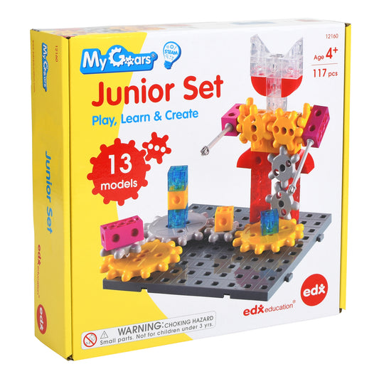 My Gears Junior Set building toy with colorful gears, blocks, and base plate in yellow packaging, age 4+, 117 pieces