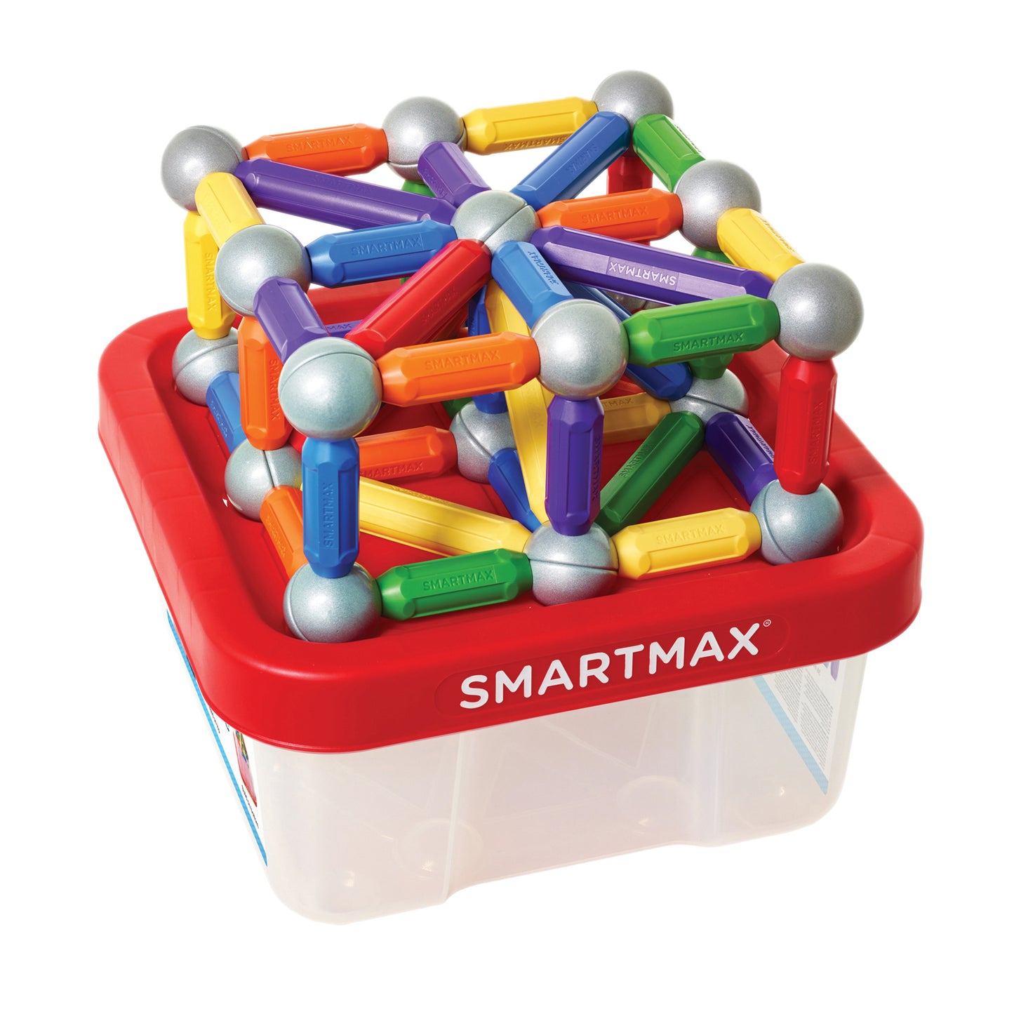 SmartMax Build XXL magnetic building set with colorful rods in red, blue, yellow, green, and purple connected by silver metal balls, displayed in red container