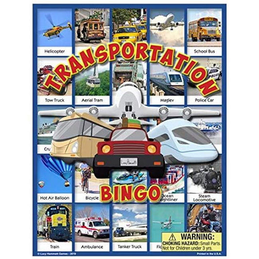 Transportation Bingo game board featuring illustrated vehicles including helicopter, school bus, tow truck, aerial tram, police car, maglev train, cruise ship,