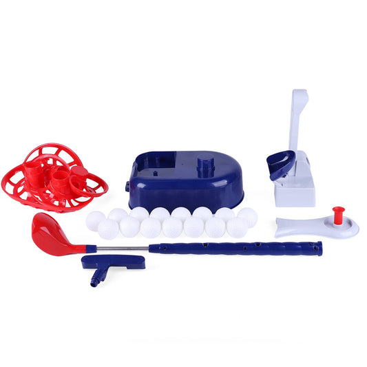 Mini golf club set with red and blue plastic clubs, white balls, red net scoop, and blue launcher accessory on plain background