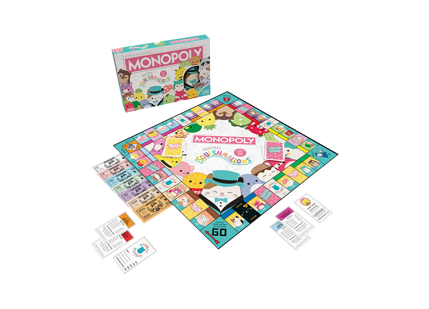 Monopoly Original Squishmallows Collector's Edition board game with colorful game board, property cards, play money in pastel colors, instruction cards, and Squ