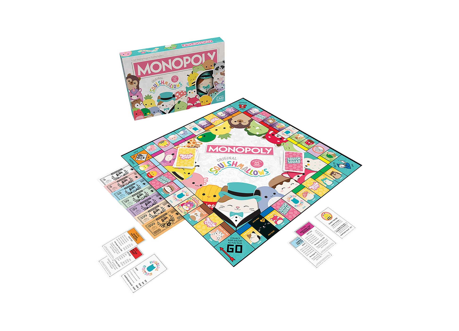 Monopoly Original Squishmallows Collector's Edition board game with colorful game board, property cards, play money in pastel colors, instruction cards, and Squ