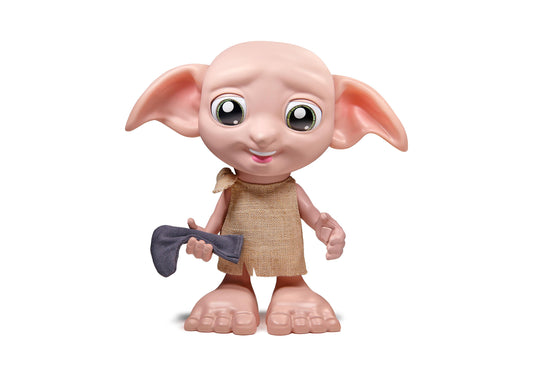 Interactive Magical Dobby Doll with tan tunic and blue sock, large ears and expressive eyes on plain background