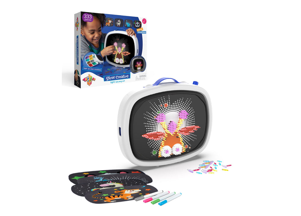 Glow Creative light-up peg art kit with white and blue device, colorful pegs, black template sheets, and markers; modeled by a child creating glowing designs
