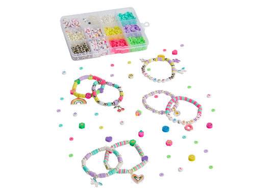 DIY bracelet designer set with plastic organizer box containing colorful beads, and four finished beaded bracelets with charms and letter beads displayed on whi