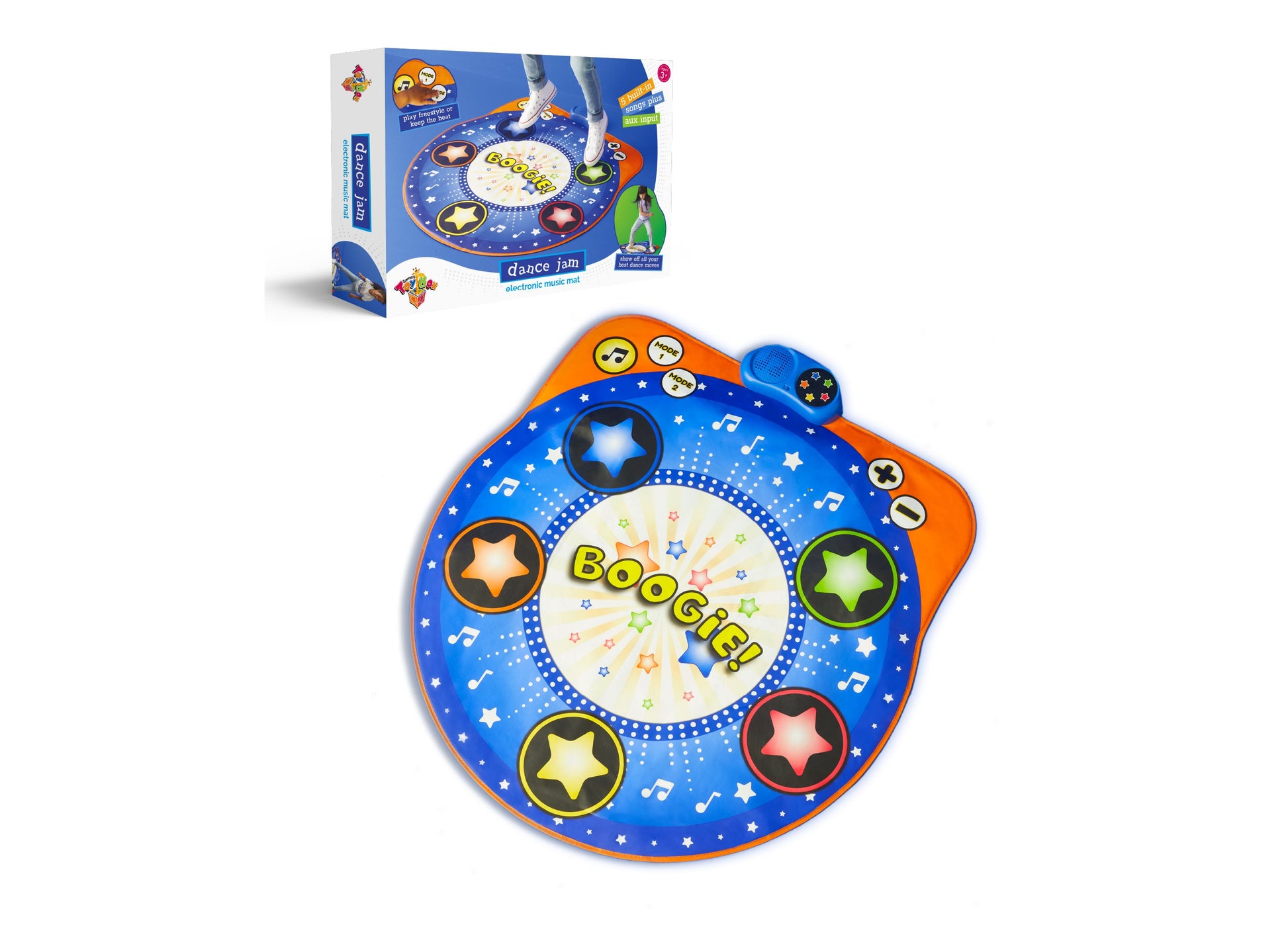 Dance Jam electronic music mat with blue and orange star-shaped design, colorful light-up buttons around the edge, and center display showing "Boogie" text with