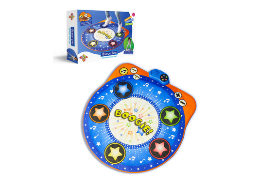 Dance Jam electronic music mat with blue and orange star-shaped design, colorful light-up buttons around the edge, and center display showing "Boogie" text with