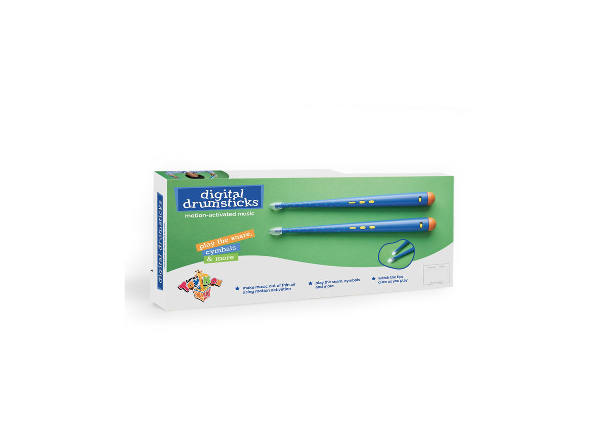 Geoffrey's Toy Box Blue Digital Drumsticks with Motion-Activated Music packaging showing two blue drumsticks with ora...