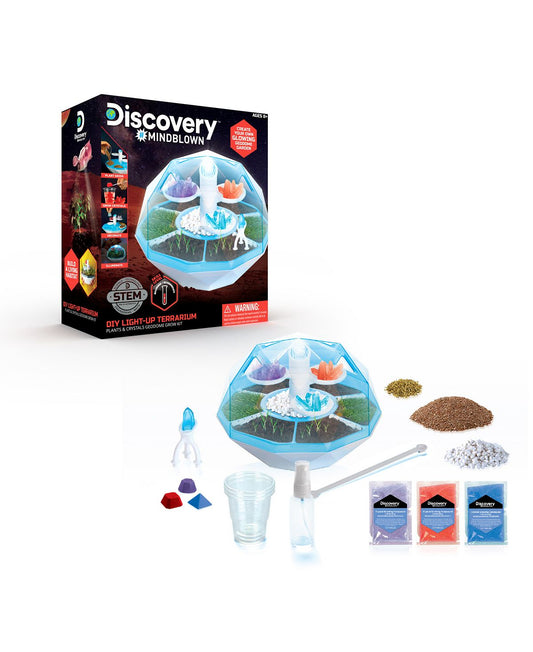 Discovery #MINDBLOWN DIY Light-Up Terrarium kit with geodesic dome terrarium, colored crystal gems, growth medium packets, soil, watering tools, and instruction