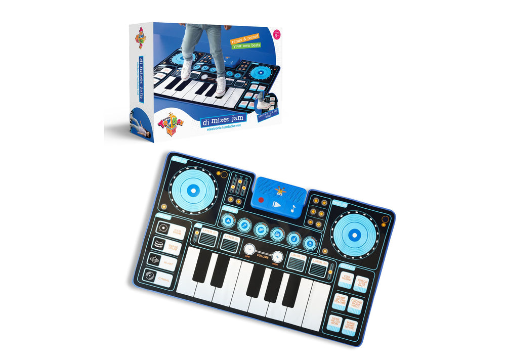 DJ Mixer Jam electronic turntable mat shown in packaging above and as a flat lay below, featuring piano keys, two turntables, control buttons, and touch-sensiti