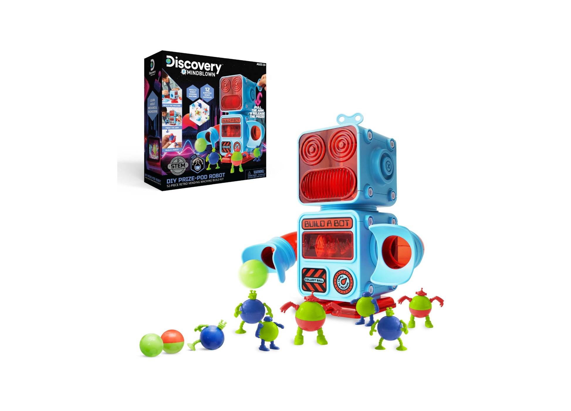 Discovery #MINDBLOWN DIY Prize-Pod Robot building kit with blue and red modular robot body, small colorful character figures, and spheres