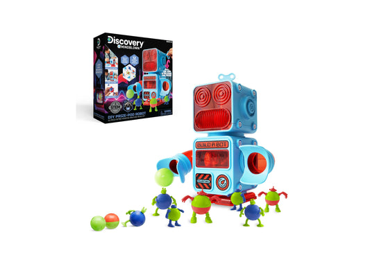 Discovery #MINDBLOWN DIY Prize-Pod Robot building kit with blue and red modular robot body, small colorful character figures, and spheres