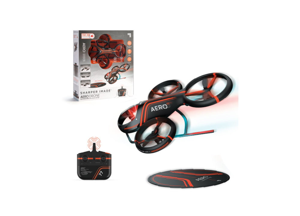 Sharper Image Aero drone with red and black design, remote control, and landing pad displayed with original packaging