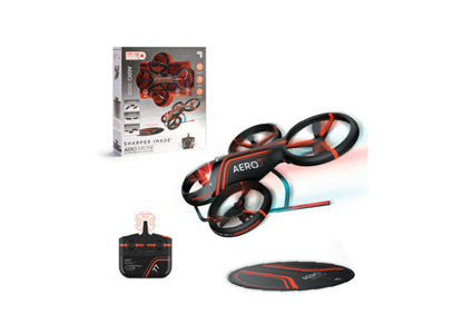 Sharper Image Aero drone with red and black design, remote control, and landing pad displayed with original packaging
