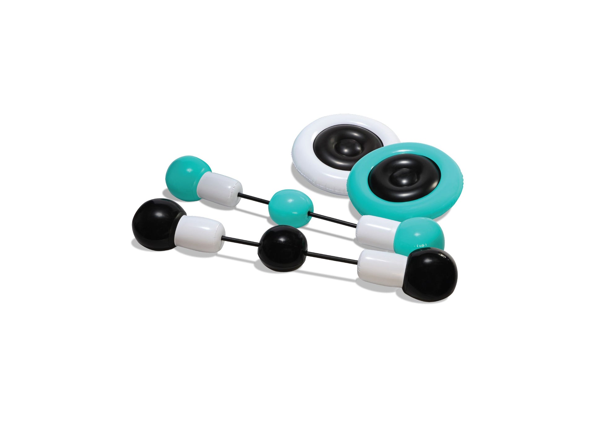 Black Series Inflatable Push Bumpers Sparring Set with turquoise and white padded bumpers connected by black cords and black spheres