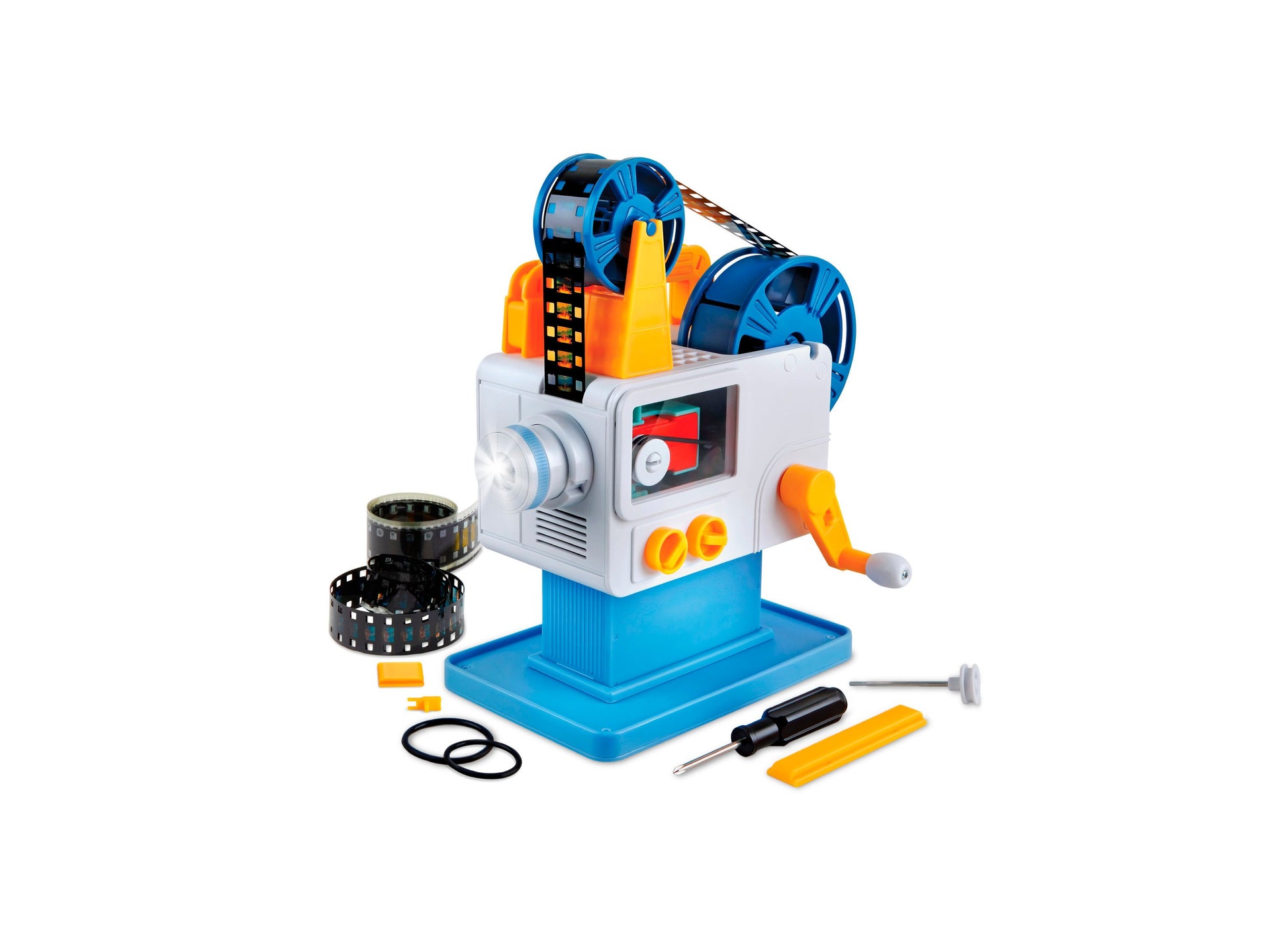 Discovery #MINDBLOWN Cinema Science DIY Film Projector Kit with blue base, white projector body, orange accents, two blue film reels, black film strips, screwdr