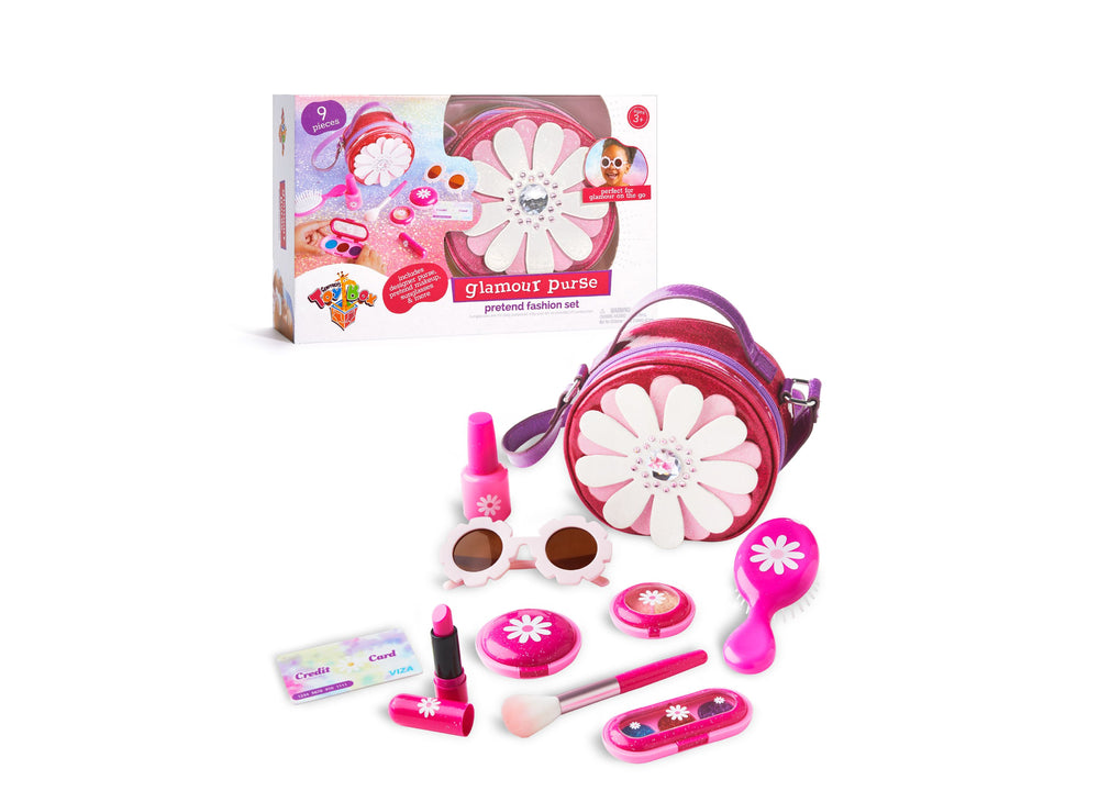 Glamour Purse pretend fashion set with pink flower-shaped purse, sunglasses, makeup, brush, lipstick, nail polish, compact mirrors, and credit card