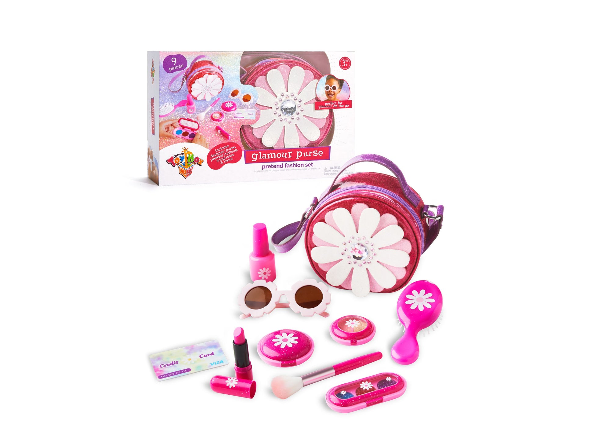 Glamour Purse pretend fashion set with pink flower-shaped purse, sunglasses, nail polish, lipstick, makeup brush, credit card, and accessories