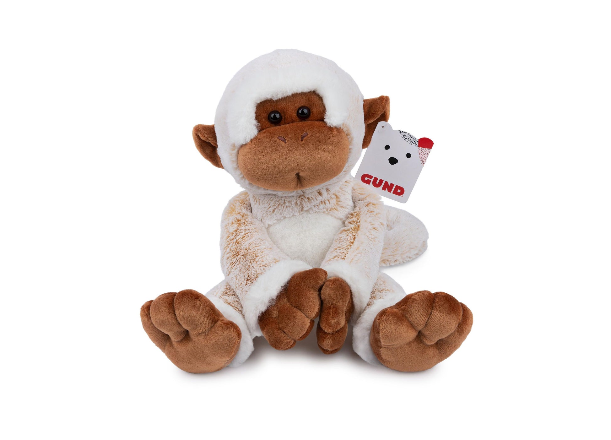 Gund Tilly The Monkey plush in cream and brown with white fuzzy hat and ears, sitting on plain background with attached tag