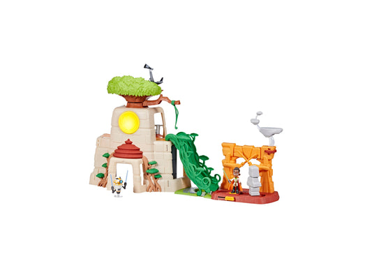 Star Wars Tenoo Jedi Temple playset with tan stone tower featuring yellow circular window, red domed structure, green vine slide, orange gateway arch, small act