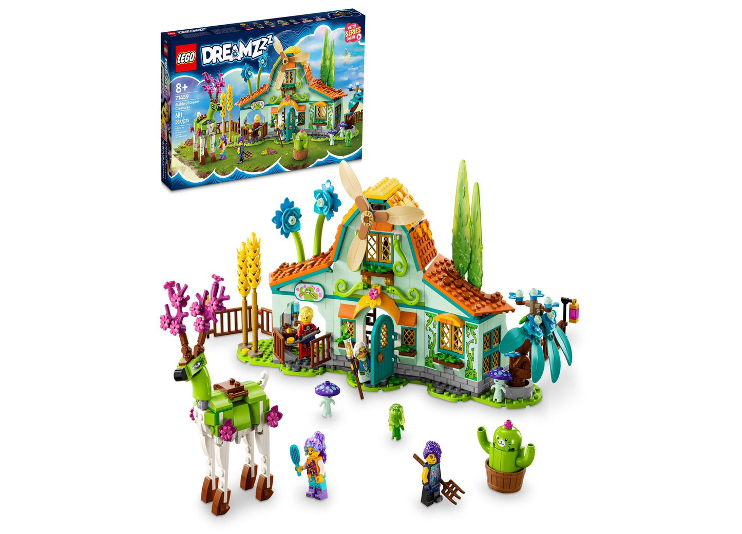 LEGO DREAMZzz Stable of Dream Creatures building set with colorful barn, minifigures, llama, and fantasy creature elements on plain background