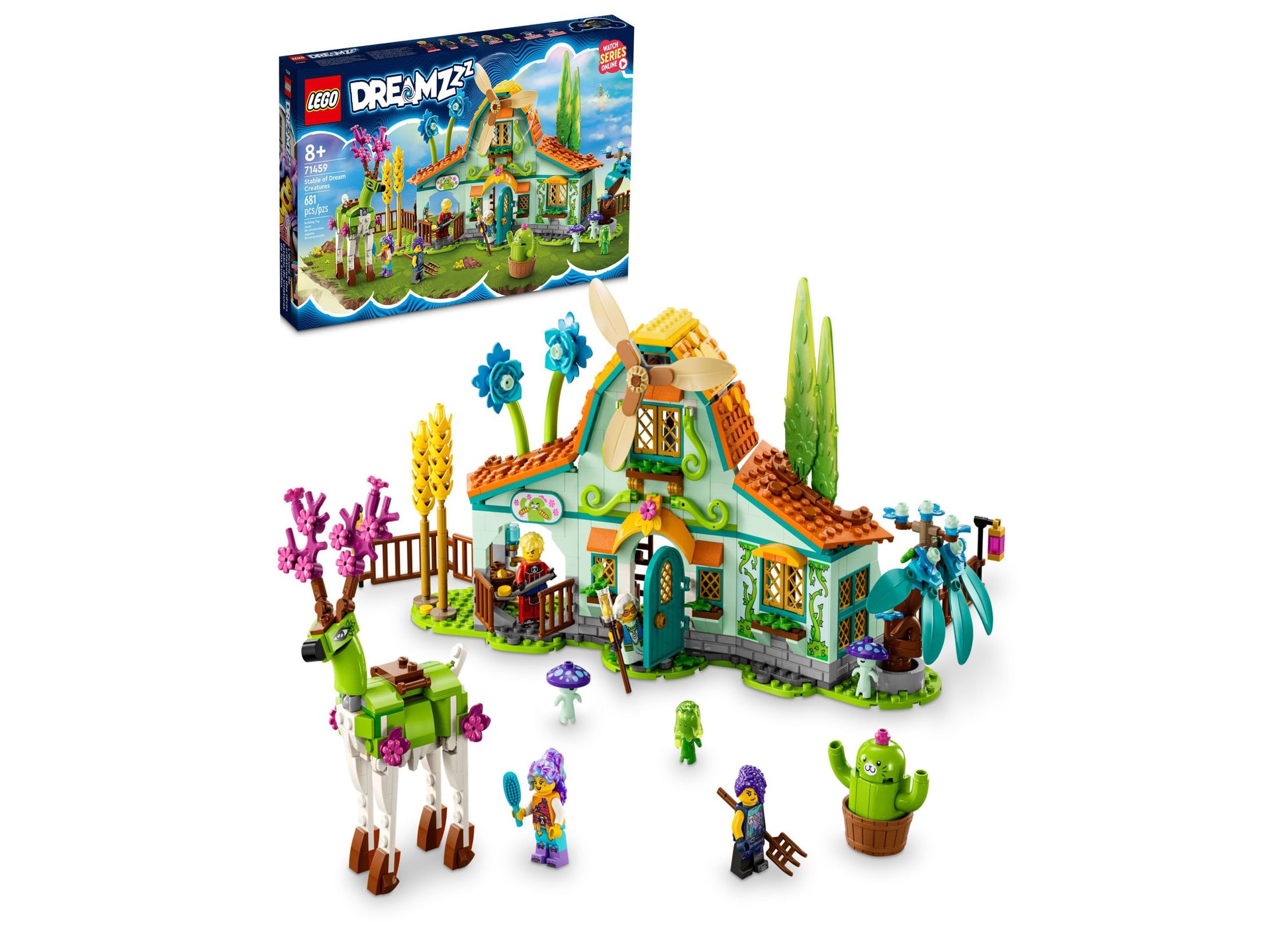 LEGO DREAMZzz Stable of Dream Creatures building set with colorful barn, minifigures, llama, and fantasy creature elements on plain background